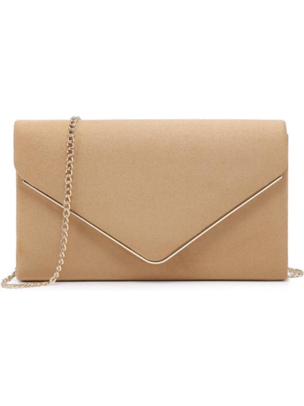 Women's Camel Faux Suede Clutch Purse Golden Chain Strap Evening Shoulder Bags